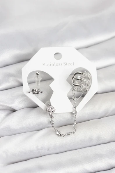 Pirinç Gümüş Renk Sarmal Model Zincir Bağlantılı Ear Cuff Küpe Seti ürün görseli 1