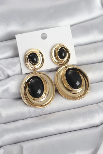 Siyah Sallantılı Damla Model Gold Renk Kadın Küpe ürün görseli 1