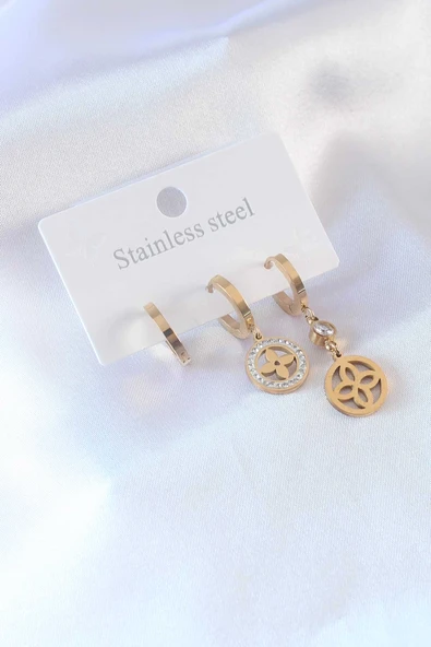 316L Çelik Gold Renk Çiçek Model Zirkon Taşlı Kadın Küpe ürün görseli 1