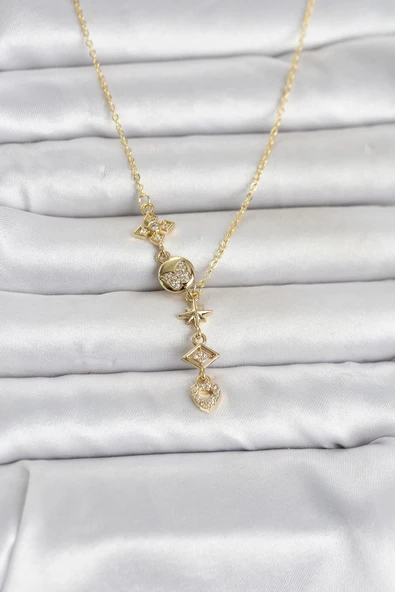 316L Çelik Gold Renk Zirkon Taşlı Y Kadın Kolye ürün görseli 1