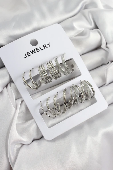Pirinç Karışık Halka Model Gümüş Renk 6 Çift Kadın Küpe Set ürün görseli 1