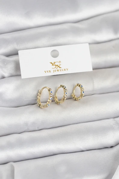 Pirinç Gold Renk Nazarlı Model 3'Lü Kadın Küpe ürün görseli 1