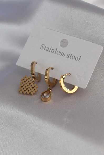 316L Çelik Gold Renk Model Zirkon Taş Detay Kadın Küpe Kombini ürün görseli 1