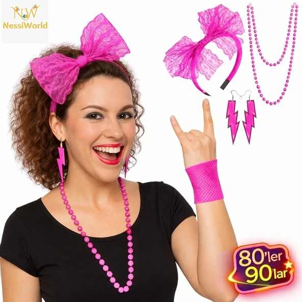 80’Ler 90’Lar Neon Pembe Parti Seti – Kolye Küpe Taç ürün görseli 1