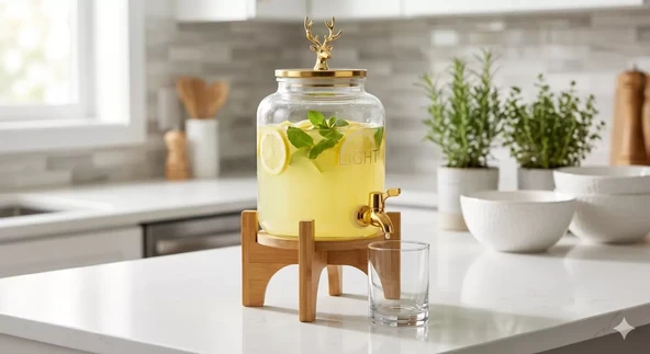 Geyik Figürlü Gold Lüks Cam İçecek Sebili - 3.6 Litre Bambu Standlı Meyve Suyu Kovası ürün görseli 1