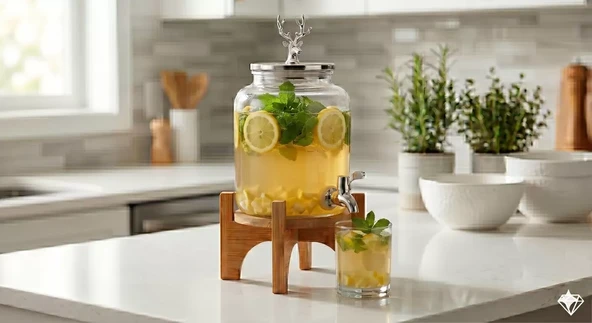 Geyik Figürlü Gümüş Lüks Cam İçecek Sebili - 3.6 Litre Bambu Standlı Meyve Suyu Kovası ürün görseli 1