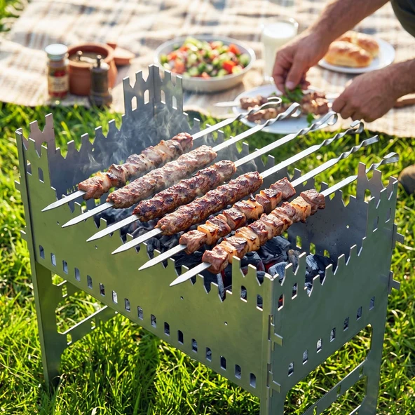 Kamp Ayısı® CastleGrill™ 2mm Galvaniz Çelik, Katlanır, 13 Şiş Kapasiteli Şiş Mangalı ve Ateş Çukuru ürün görseli 1
