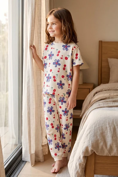 Kız Çocuk Lacivert Çiçek ve Kiraz Desenli Kısa Kollu Beyaz Renk Pijama Takımı ürün görseli 1