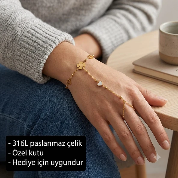 Lunéa Charm Hand Chain Bracelet Dört Yapraklı Yonca ve Kalp Figürlü Şahmeran Bileklik ürün görseli 1