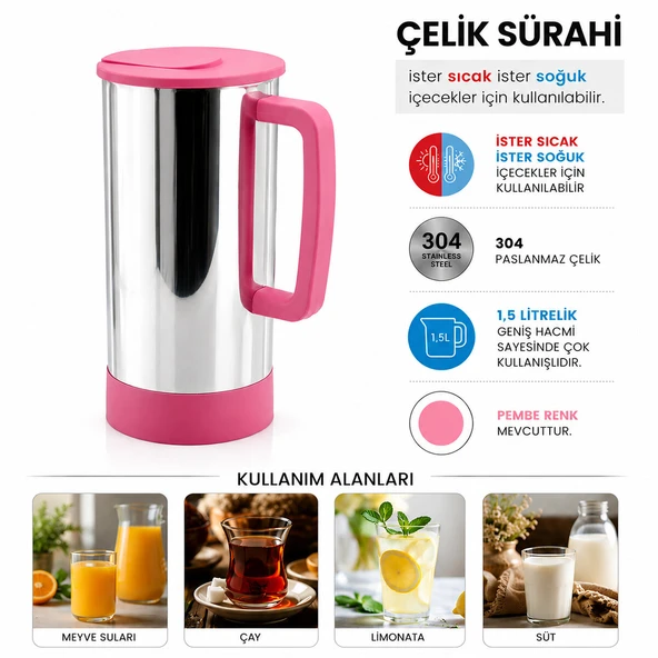PEMBE - PASLANMAZ ÇELİK SICAK - SOĞUK ÇELİK SÜRAHİ (5250) ürün görseli 1