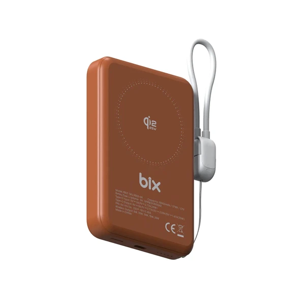 Bix PB121 Qi2.2 Sertifikalı 25W Kablosuz MagSafe PD 3.0 10000mAh Semi-Solid State Dahili USB-C Kablolu Powerbank Turuncu ürün görseli 1