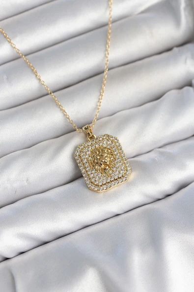316L Çelik Zincir Gold Aslan Madalyon Model Zirkon Taşlı Kadın Kolye ürün görseli 1