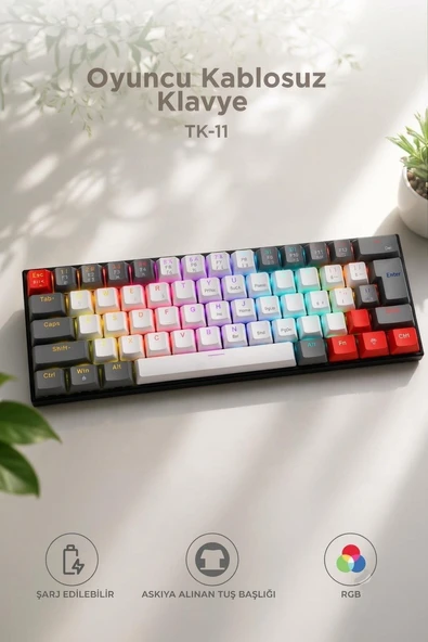 Oyuncu Klavyesi Rgb Işıklı Mekanik Şarjlı Kablosuz Blue Switch Q Klavye TK11 ürün görseli 1