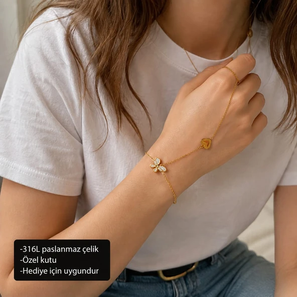 Butterfly Amora Hand Chain Taşlı Kelebek ve Kalp Detaylı Şahmeran Bileklik ürün görseli 1