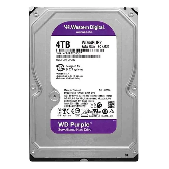 Western Digital 4Tb 3.5 Purple WD44PURZ Sata3 5400RPM 128MB 7/24 Guvenlık Harddisk ürün görseli 1
