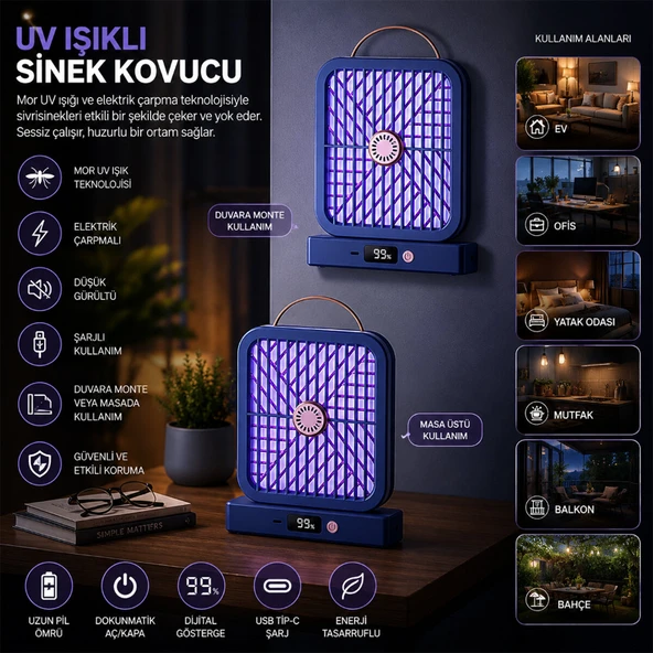 UV Işıklı Sinek Kovucu - Şarjlı ve Elektrik Çarpmalı - Dijital Ekranlı ürün görseli 1