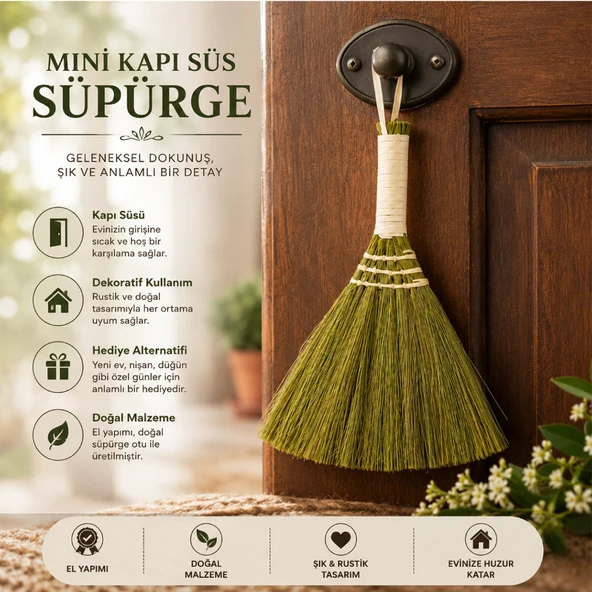 Mini Süpürge Tasarımlı Kapı Süsü - Hasır Saplı - El Yapımı Rustik Dekor ürün görseli 1