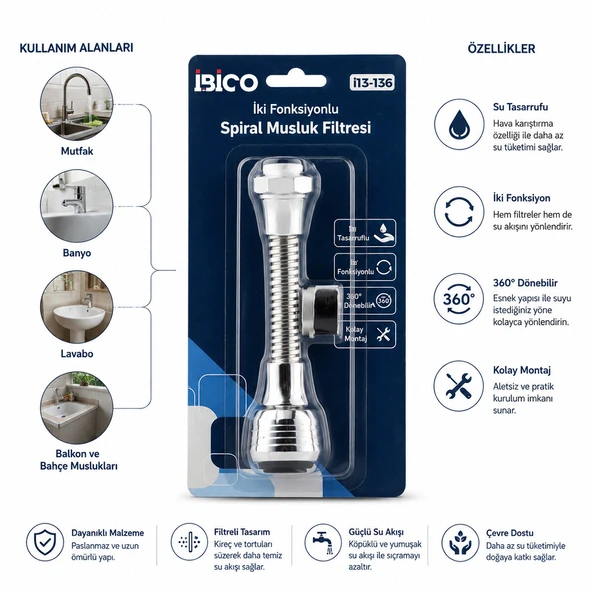 12 ADET MUSLUK UCU FİLTRESİ 2 FONKSİYONLU SPİRALLİ YAYLI - 360° DERECE DÖNEBİLEN BAŞLIK 16-19MM CAŞLIK ÇAPI (5250) ürün görseli 1