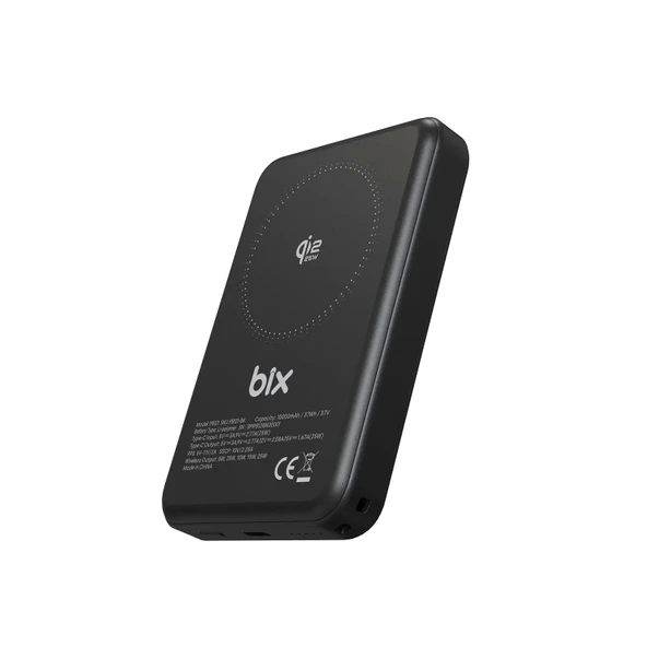 Bix PB121 Qi2.2 Sertifikalı 25W Kablosuz MagSafe PD 3.0 10000mAh Semi-Solid State Dahili USB-C Kablolu Powerbank Siyah ürün görseli 1