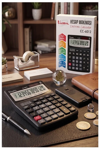 Hesap Makinesi Siyah 14x19cm 1 Adet Ticon CC-6012 12 Haneli Hafızalı Orta Boy Ofis Büro Masaüstü Hesap Makinası ürün görseli 1