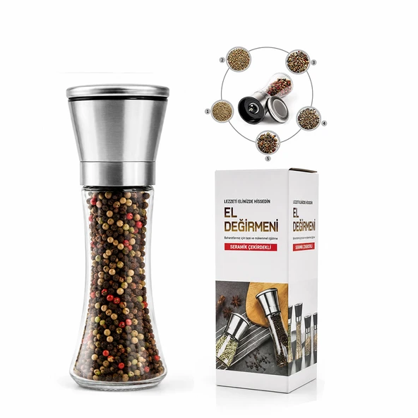 HAND GRINDER BÜYÜK CAM HAZNELİ - KROM KAPLAMA PLS.KAPAKLI TUZ - BAHARAT ÖĞÜTÜCÜ (5250) ürün görseli 1