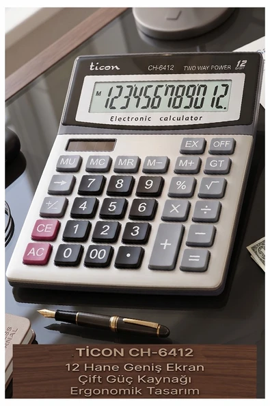 Hesap Makinesi Siyah Gri 14.5x19cm 1 Adet Ticon CH-6412 12 Haneli Orta Boy Ofis Büro Masaüstü Hesap Makinası ürün görseli 1
