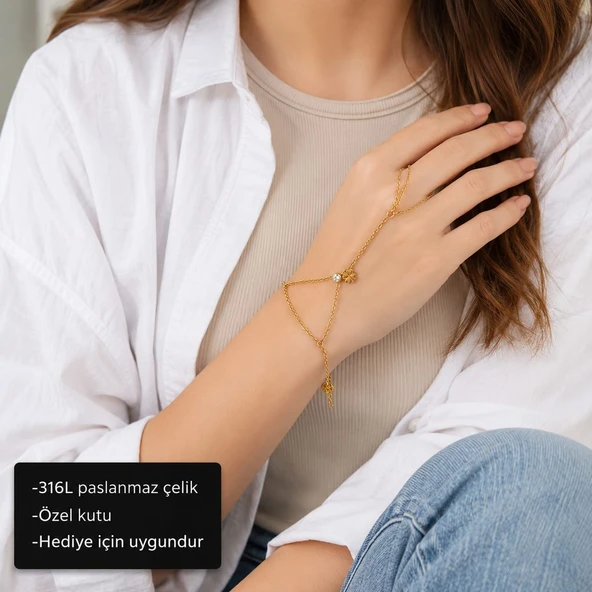 Clovera Élégance Hand Chain Dört Yapraklı Yonca ve Zirkon Taş Detaylı Şahmeran Bileklik ürün görseli 1