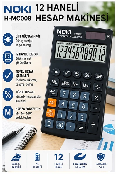 Hesap Makinesi Siyah 11x17 cm 1 Adet Noki Mc008 12 Haneli Küçük Boy Masaüstü Hesap Makinası Kaliteli Ofis Büro ürün görseli 1