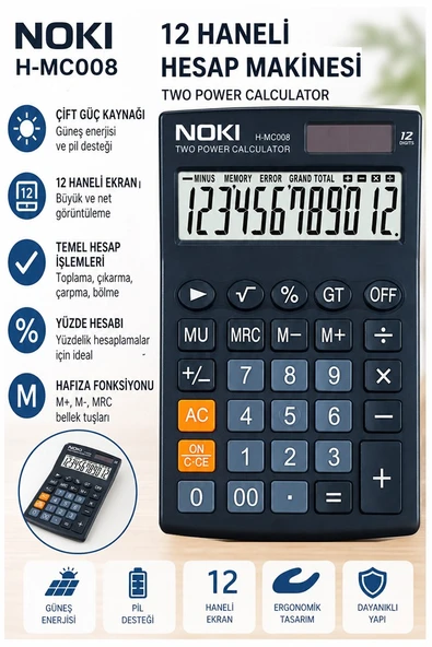 Hesap Makinesi Siyah 11x17 cm 1 Adet Noki Mc008 12 Haneli Küçük Boy Masaüstü Hesap Makinası Kaliteli Ofis Büro ürün görseli 1