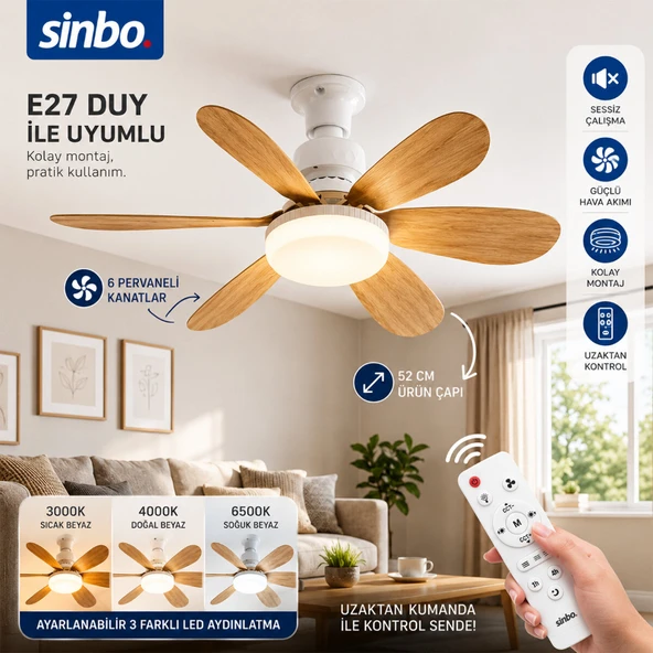 Tavan Vantilatörü ve LED Avize - Uzaktan Kumandalı - 6 Kanatlı - 52 cm ürün görseli 1