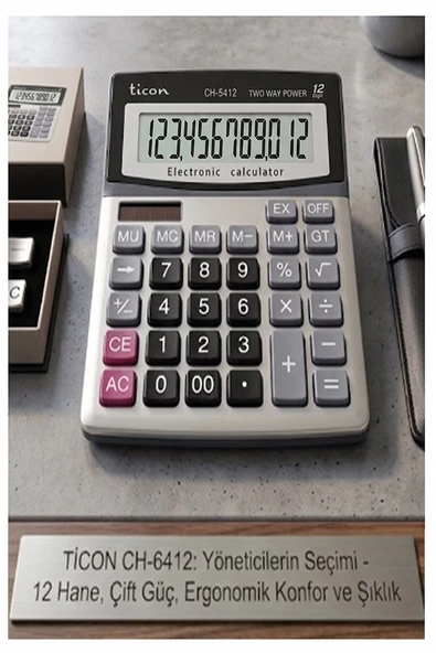 Hesap Makinesi Siyah Gri 14.5x19cm 1 Adet Ticon CH-6412 12 Haneli Orta Boy Ofis Büro Masaüstü Hesap Makinası ürün görseli 1