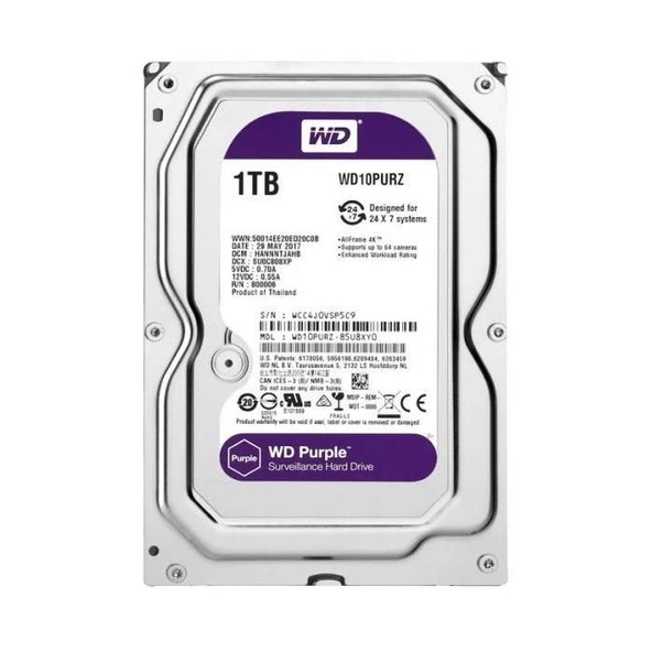 Western Digital PURPLE WD10PURZ 1TB 3.5" 5400 RPM 64MB SATA-3 Güvenlik Diski ürün görseli 1