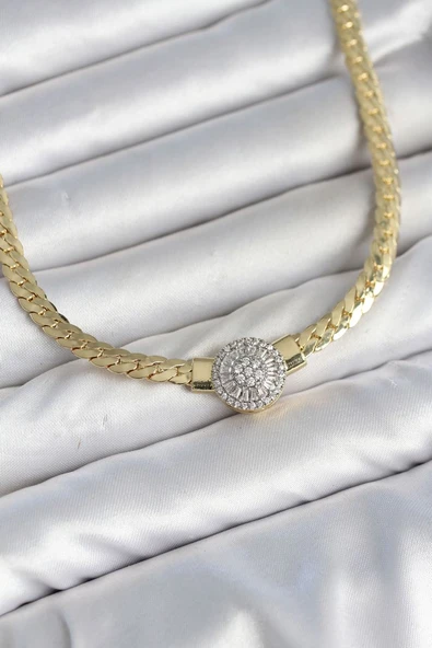 Ezme Zincir Model Zirkon Taşlı VIP Seri Gold Renk Kadın Kolye TJ-BKO11141 ürün görseli 1
