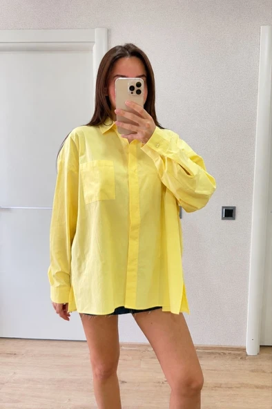 Kadın Oversize Pens Detaylı Cepli Yırtmaçlı Rahat Kalıp Poplin Gömlek - Sarı ürün görseli 1