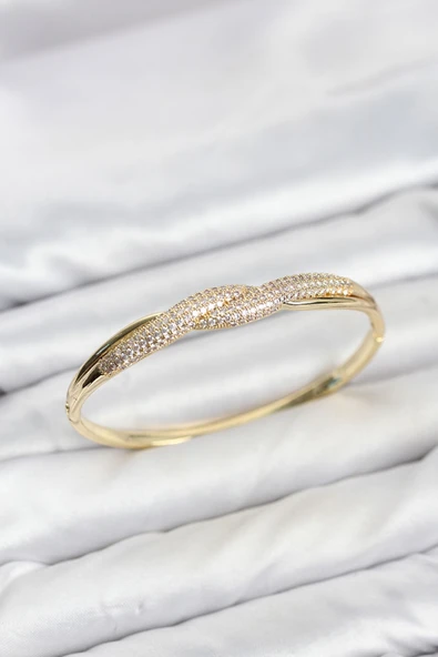 Gold Renk Zirkon Taşlı Sarmal Model Kadın Kelepçe Bileklik ürün görseli 1