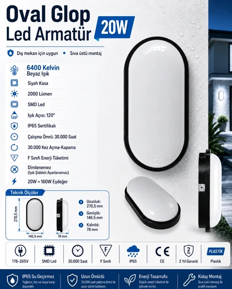 HOROZ Aydos 20w SİYAH Oval Glop Led Armatür 6400k IP65 ürün görseli 1