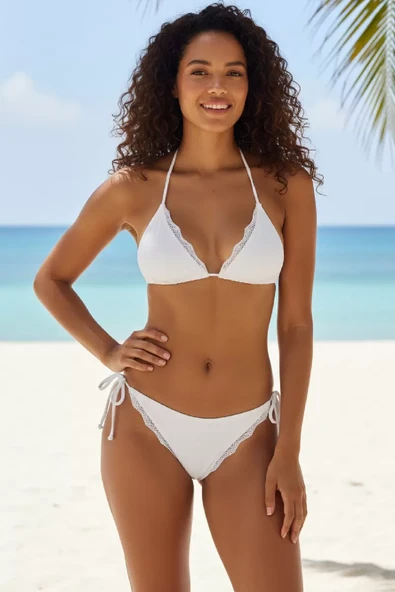 Kadın Beyaz Pedli Bel ve Boyundan Bağlamalı Dantelli Şık Bikini Takımı ürün görseli 1