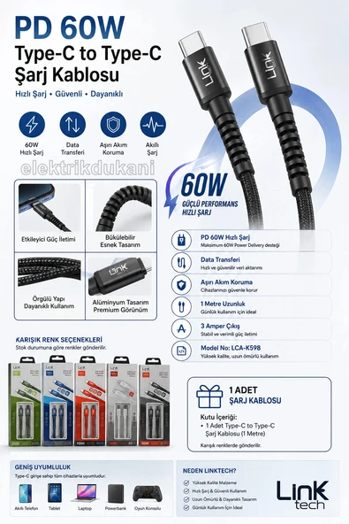 LİNKtech TYPE-C / TYPE-C 1m İp Örgülü Şarj Data Kablosu 60W 3A Siyah/Beyaz (USB-C / USB-C) ürün görseli 1