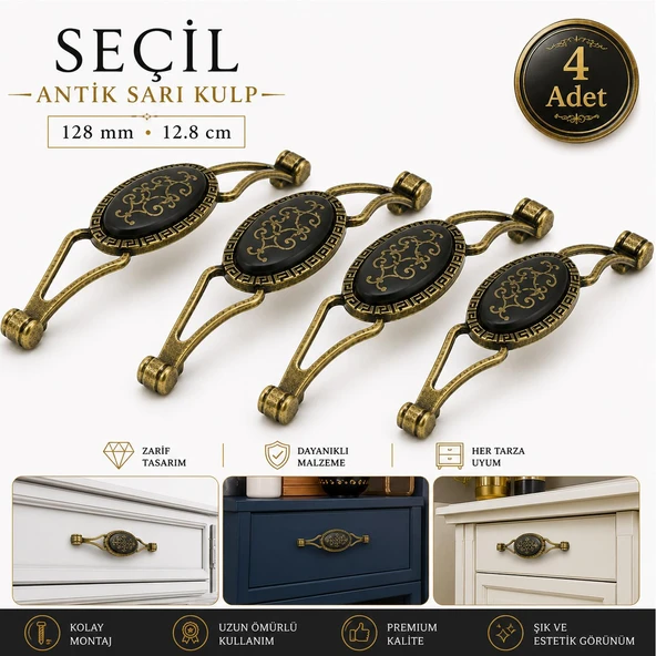 (4 Adet) Eskitme Antik Sarı Metal (128 mm-12.8 cm) Mobilya Mutfak Çekmece Dolap Kulpu Kulbu Kulpları ürün görseli 1