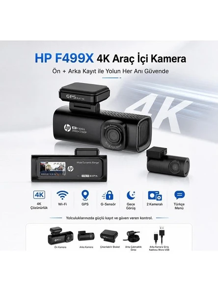 HP F499x 4K Araç İçi Ön & Arka Lcd Ekran Wi-fi Kamera (Türkiye Garantili) ürün görseli 1