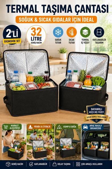 2'li Set 32 Litre Termal Taşıma Çantası Araç Bagaj Organizeri Katlanabilir Soğuk Sıcak Saklama Çanta ürün görseli 1