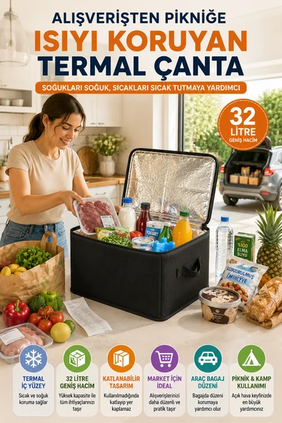 32 Litre Termal Taşıma Çantası Araç Bagaj Organizeri Katlanabilir Keçe Soğuk Sıcak Saklama Çanta ürün görseli 1