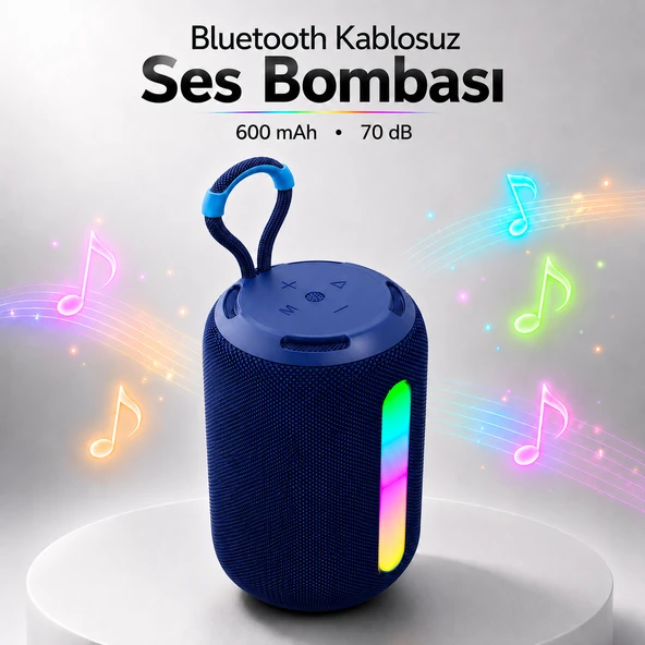 Taşınabilir Mavi Bluetooth Hoparlör RGB LED Işıklı Güçlü Ses Bombası USB Type-C Şarjlı Kablosuz ürün görseli 1