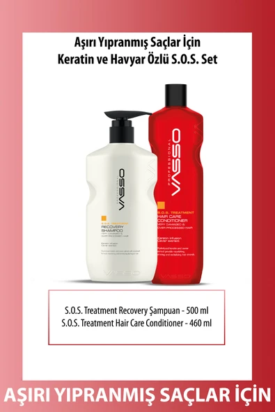VASSO WOMEN,Aşırı Yıpranmış Saçlar Için Acil Kurtarma Seti Keratinli Havyarlı Şampuan Ve Saç Kremi 500ml 460ml ürün görseli 1