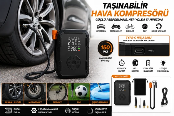 Mega Oto Market 150 PSI Şarjlı Taşınabilir Hava Kompresörü Dijital Ekranlı Lastik Şişirme Pompası ürün görseli 1