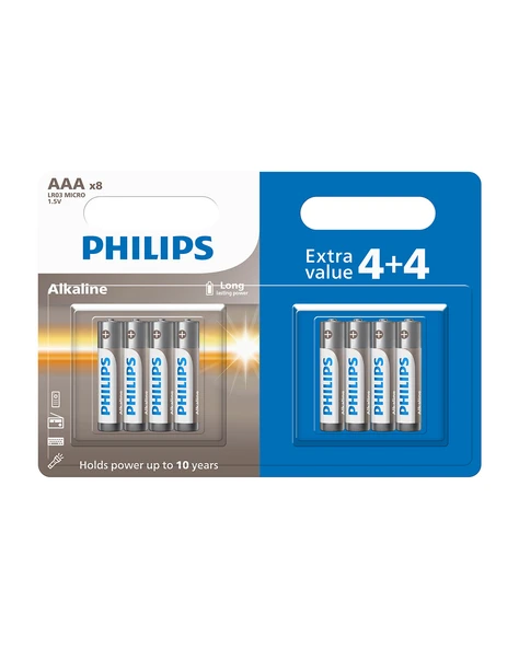 Philips Alkaline Aaa Ince Kalem Pil 1.5V - LR03A8BP/10 - 8'li Avantaj Paket (4+4) ürün görseli 1