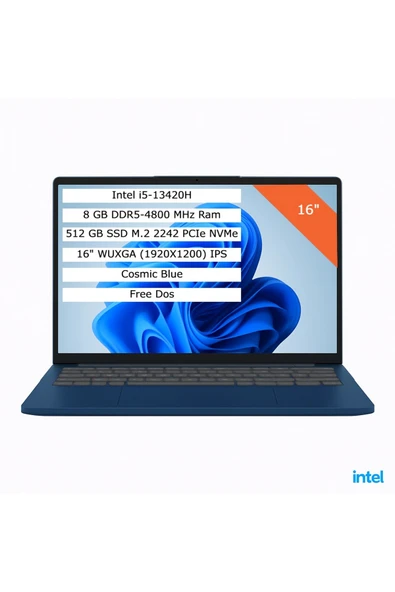 Lenovo Ideapad Slim 3 Intel Core I5-13420H 8gb 512GB SSD 16" Wuxga IPS Fdos Taşınabilir Bilgisayar 83K2001RTR ürün görseli 1