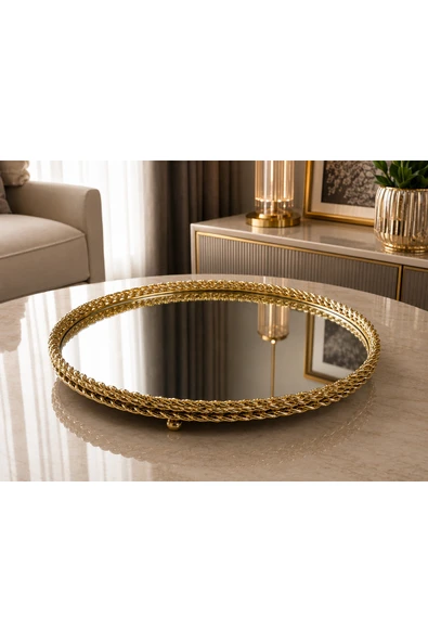 Sleep Nova Royal Mirror Gold Aynalı Dekoratif Tepsi Lüks Salon Konsol Sehpa Dekoru ürün görseli 1