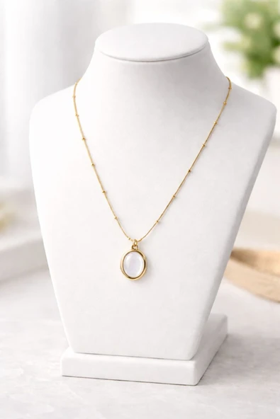 Gold Renk Doğal Taşlı Top Zincirli Oval Çelik Kolye ürün görseli 1