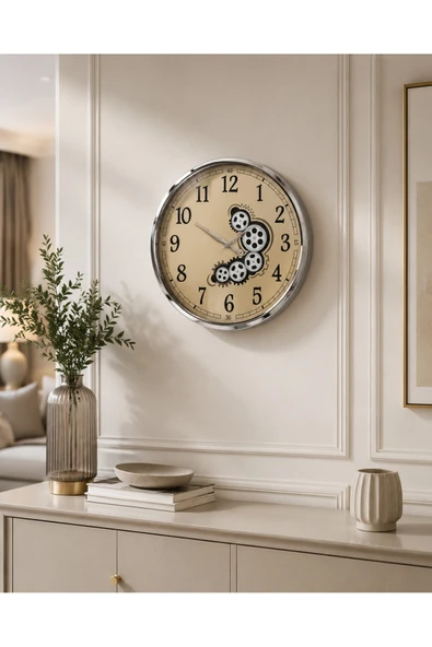 Sleep Nova Silver Gear Dekoratif Duvar Saati – Gümüş Çerçeveli Büyük Boy Salon ve Ofis Saati ürün görseli 1